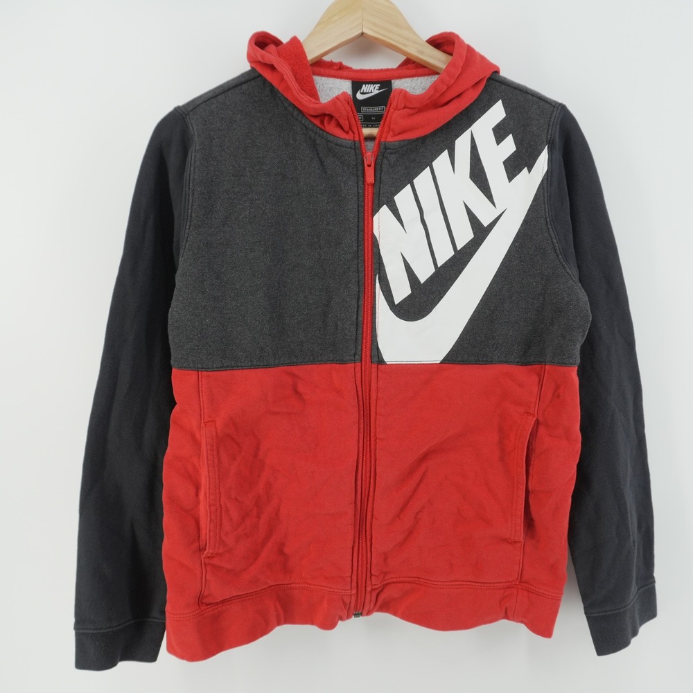Nike Hoodie Kids XL Red Grey Black Colorblock Full Zip Logo Sweatshirt